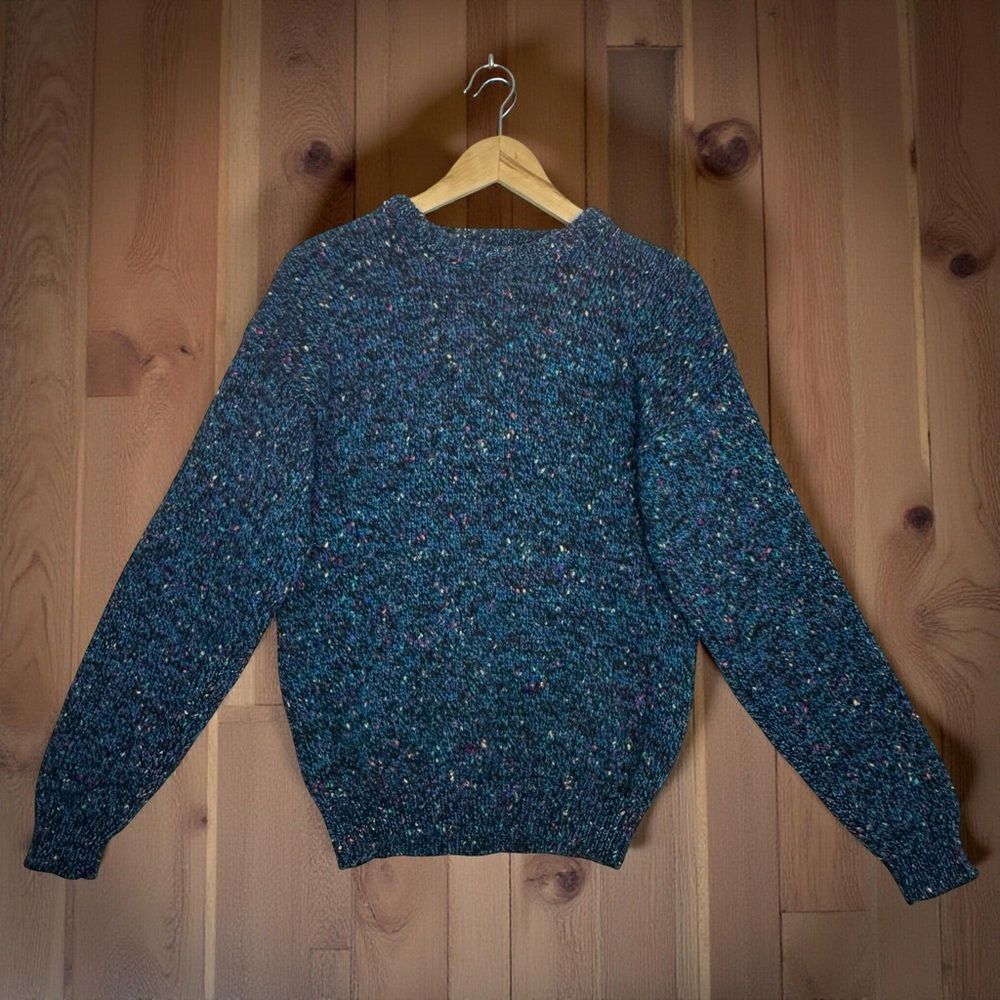 MARSHALL FIELDS Wool Thick Knit Crewneck Sweater Blue Rainbow Flecks Medium